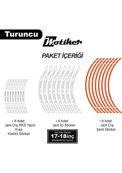 Rks R250 Motosiklet Jant Iç ve Dış Set Sticker Etiket Modeli Turuncu modelleri