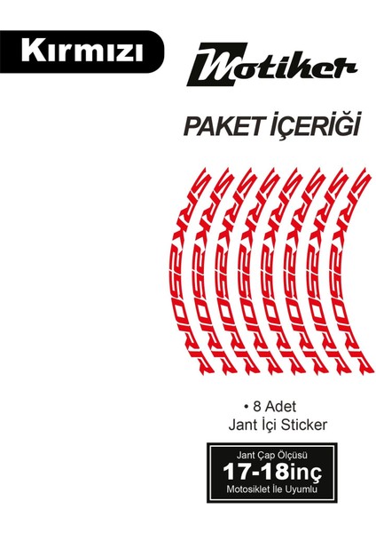 Rks (Qj Motor) Srk 250RR Motosiklet Jant Iç ve Dış Set Sticker Etiket Modeli Kırmızı modelleri