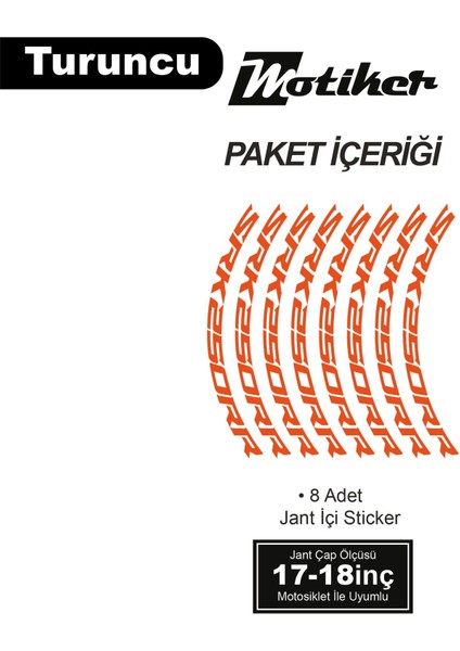 Rks (Qj Motor) Srk 250RR Motosiklet Jant Iç ve Dış Set Sticker Etiket Modeli Turuncu