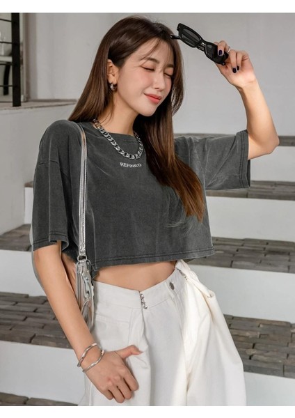 Kadın / Kız Crop Oversize Refıned Baskılı Baskılı