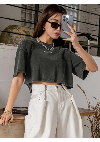 Kadın / Kız Crop Oversize Refıned Baskılı Baskılı