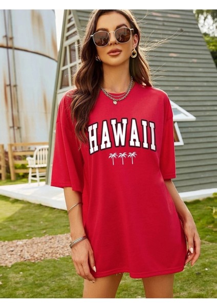 Hawaıı Baskılı Kadın / Kız Oversize Kırmızı Salas T-Shirt Boyfriend