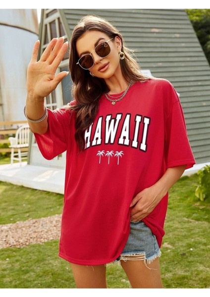 Hawaıı Baskılı Kadın / Kız Oversize Kırmızı Salas T-Shirt Boyfriend fiyatları