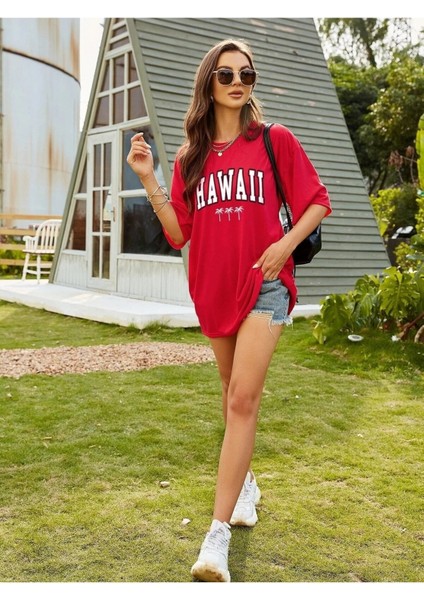 Hawaıı Baskılı Kadın / Kız Oversize Kırmızı Salas T-Shirt Boyfriend fırsatları