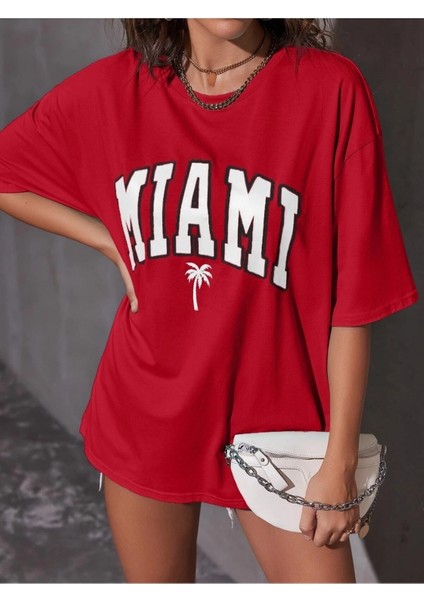 Miami Baskılı Oversize Salas Boyfriend Kadın T-Shirt Top Bluz