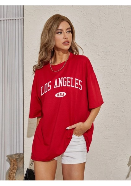 Los Angeles Baskılı Kadın / Kız Oversize Kırmızı Salas T-Shirt Boyfriend fiyatları