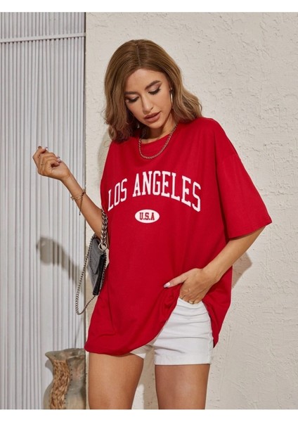 Los Angeles Baskılı Kadın / Kız Oversize Kırmızı Salas T-Shirt Boyfriend fırsatları