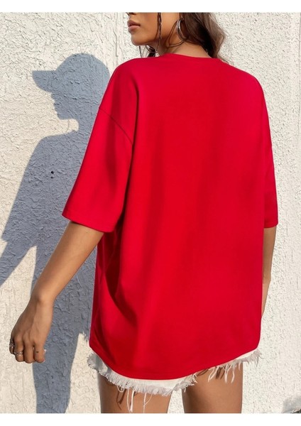 Coming Baskılı Kadın / Kız Oversize/ Boyfirend Kırmızı T-Shirt fiyatları