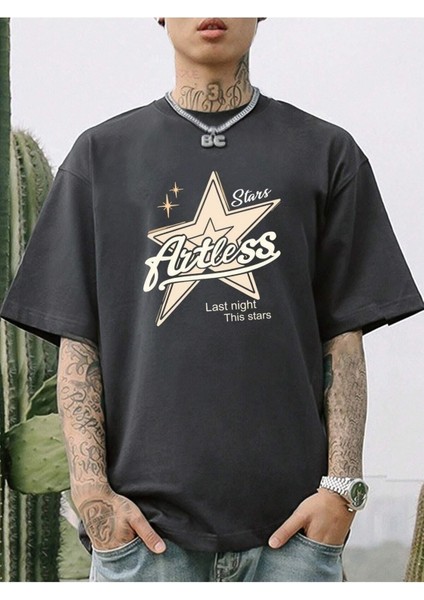 Stars Baskılı Oversize Erkek T-Shirt Salaş Boyfirend modelleri