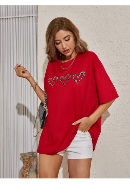 Three Hearts Baskılı Kadın / Kız Oversize Kırmızı Salaş T-Shirt Boyfriend fiyatları