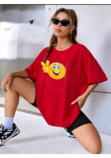Kadın / Kız Emoji Baskılı Oversize Ünisex T-Shirt Salaş Boyfirend