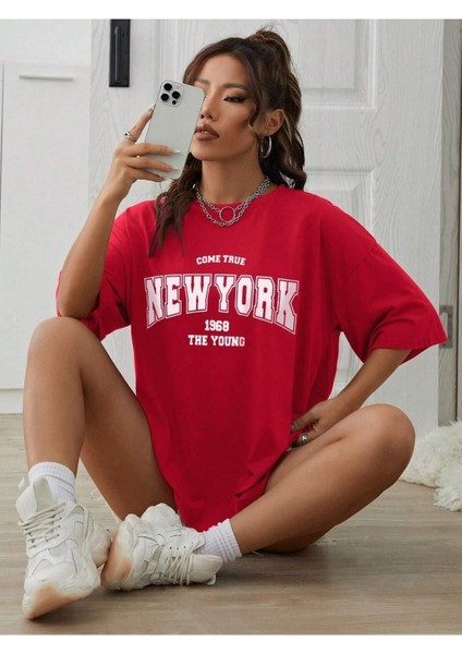 New York 1968 Baskılı Kadın / Kız Oversize Salas T-Shirt Boyfriend