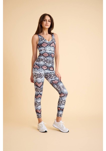 Yılan Desen Sırtı Çift Çapraz Ip Detaylı Spor Tayt Tulum