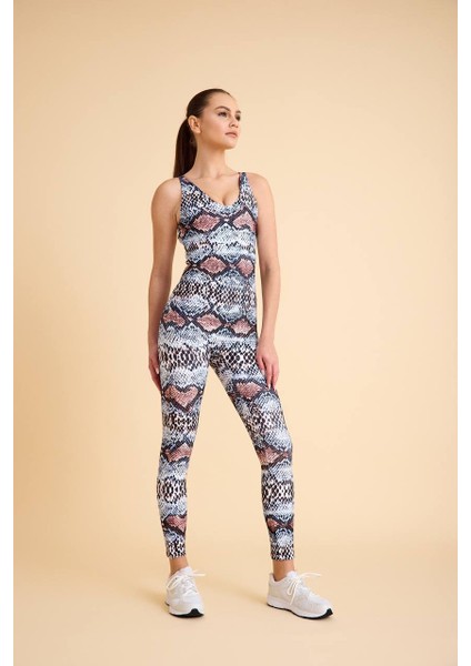 Yılan Desen Sırtı Çift Çapraz Ip Detaylı Spor Tayt Tulum fiyatları