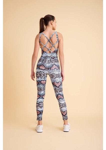 Yılan Desen Sırtı Çift Çapraz Ip Detaylı Spor Tayt Tulum indirimleri