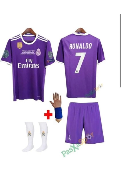 Real. Madrid. Ronaldo Mor 2017 Cardif Ligi Çocuk Forma Takımı 4 Parça