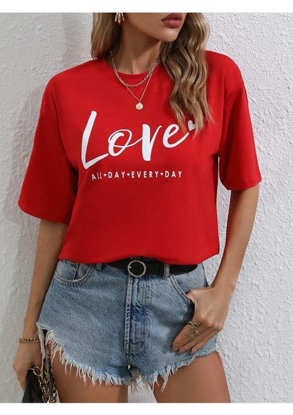Red Love Baskılı Kadın / Kız Oversize Kırmızı Salas T-Shirt Boyfriend