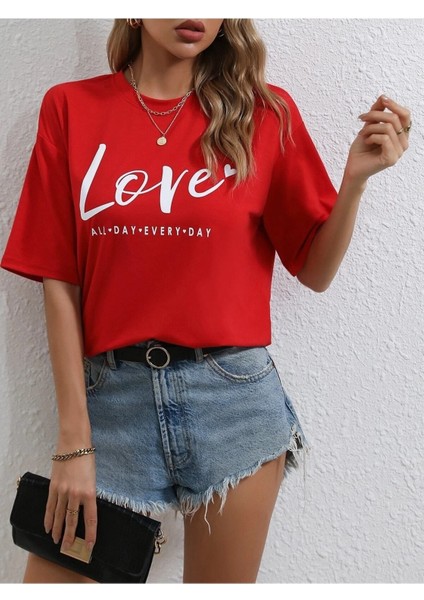 Red Love Baskılı Kadın / Kız Oversize Kırmızı Salas T-Shirt Boyfriend fiyatları