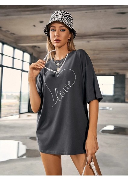Kadın / Kız Kalp Baskılı Füme Oversize T-Shirt Salaş Boyfirend fiyatları