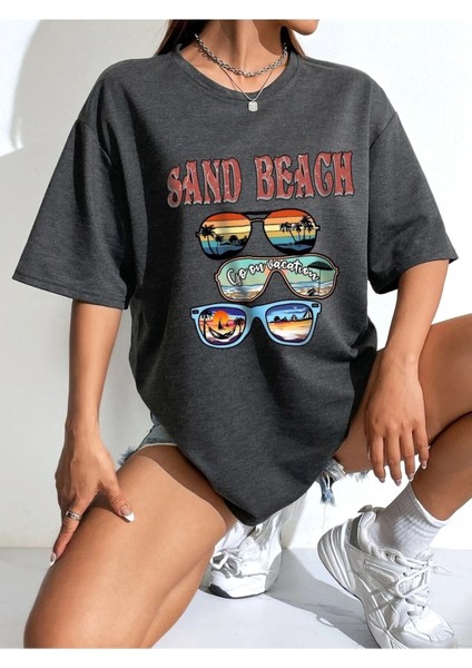 Kadın / Kız Beach Baskılı Füme Oversize T-Shirt Salaş Boyfirend