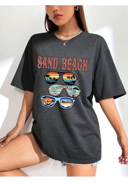 Kadın / Kız Beach Baskılı Füme Oversize T-Shirt Salaş Boyfirend modelleri