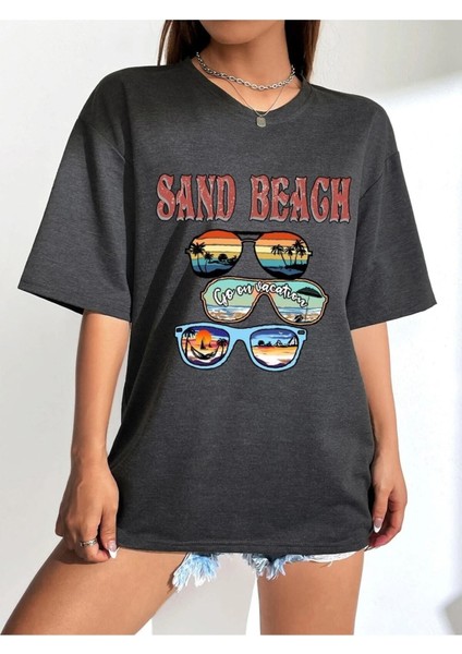 Kadın / Kız Beach Baskılı Füme Oversize T-Shirt Salaş Boyfirend fırsatları