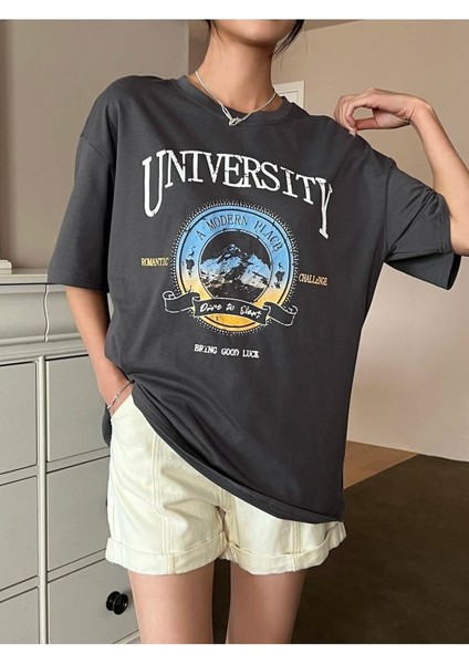 Kadın / Kız Füme Oversize T-Shirt University Baskılı