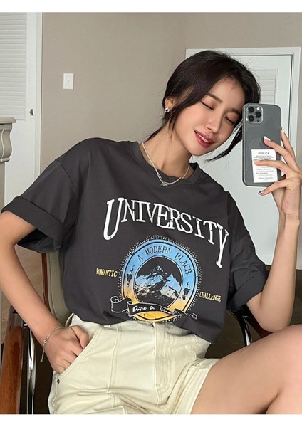 Kadın / Kız Füme Oversize T-Shirt University Baskılı fiyatları