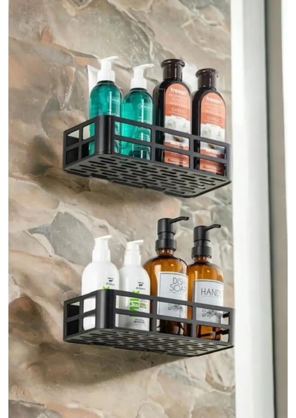 2'li Set Banyo Duş Rafı Şampuanlık, Sabunluk Siyah Yapışkanlı Duş Organizer Suya Dayanıklı Plastik