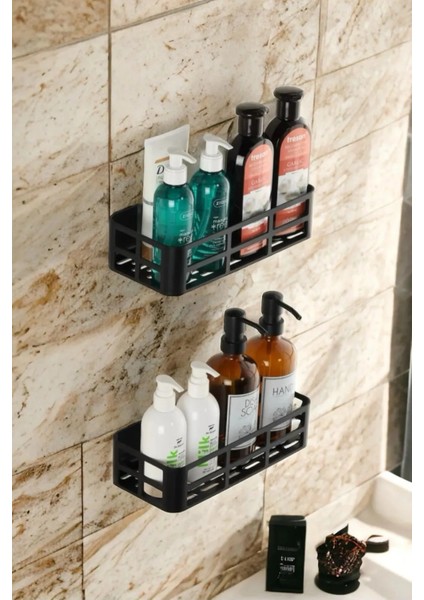 2'li Set Banyo Duş Rafı Şampuanlık, Sabunluk Siyah Yapışkanlı Duş Organizer Suya Dayanıklı Plastik