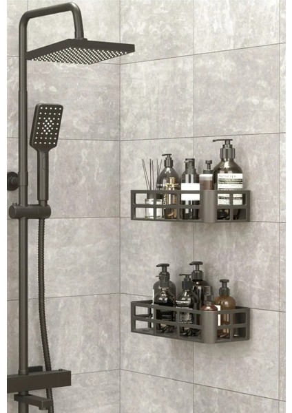2'li Set Banyo Duş Rafı Şampuanlık, Sabunluk Siyah Yapışkanlı Duş Organizer Suya Dayanıklı Plastik