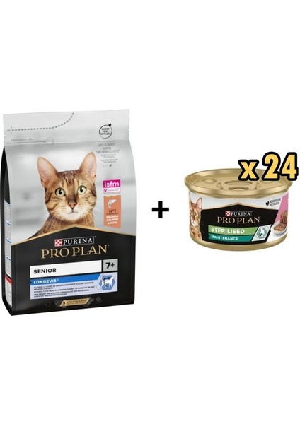 Senior Somonlu Yaşlı Kedi Maması 3 kg + 24 Adet Proplan Sterilised Ton ve Somonlu Kısırlaştırılmış Kedi Konservesi 85 gr