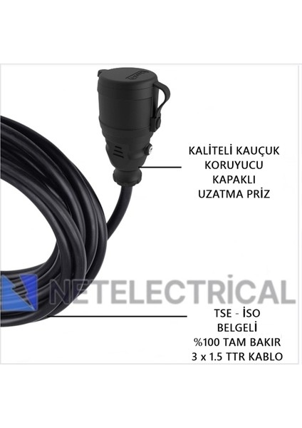 Kauçuk Tekli Seyyar Uzatma Kablosu - 3x1.5 Ttr Kablo Siyah - 5 Metre