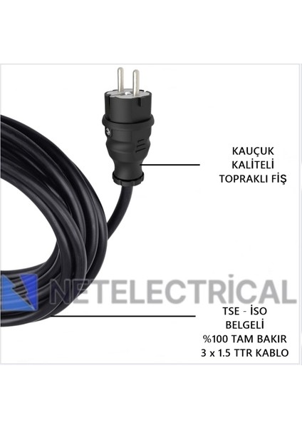 Kauçuk Tekli Seyyar Uzatma Kablosu - 3x1.5 Ttr Kablo Siyah - 5 Metre