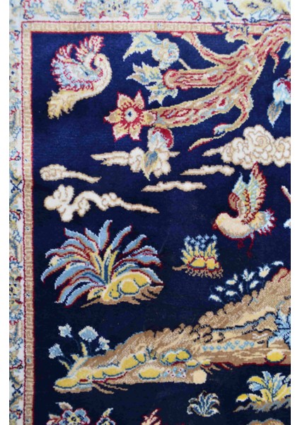 Iran Av Sahnesi Figürlü Lacivert Renk Bambu Halı (83 x 125 cm )
