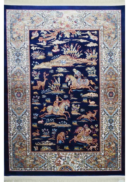 Iran Av Sahnesi Figürlü Lacivert Renk Bambu Halı (83 x 125 cm ) modelleri