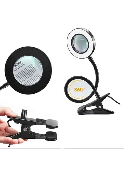 Akrobat Hareketli 5x Büyüteçli LED Işıklı Masa Çalışma Lambası -Klips Tipi-Usb Kablolu