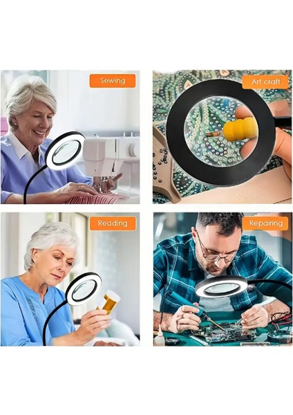 Akrobat Hareketli 5x Büyüteçli LED Işıklı Masa Çalışma Lambası -Klips Tipi-Usb Kablolu