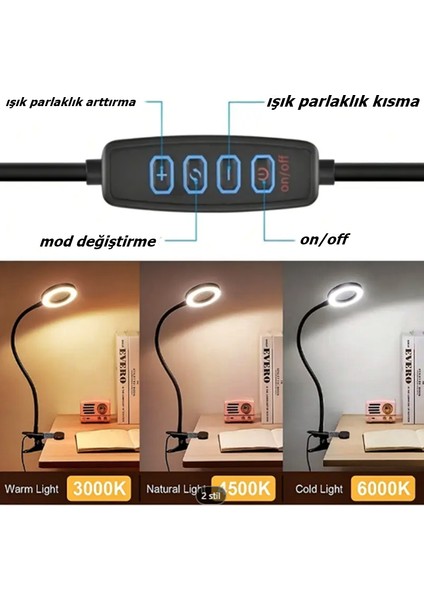 Akrobat Hareketli 5x Büyüteçli LED Işıklı Masa Çalışma Lambası -Klips Tipi-Usb Kablolu