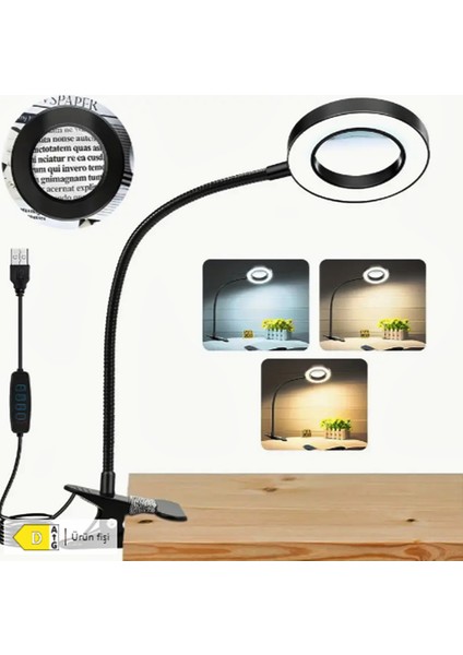 Akrobat Hareketli 5x Büyüteçli LED Işıklı Masa Çalışma Lambası -Klips Tipi-Usb Kablolu