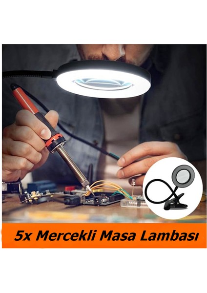 Akrobat Hareketli 5x Büyüteçli LED Işıklı Masa Çalışma Lambası -Klips Tipi-Usb Kablolu
