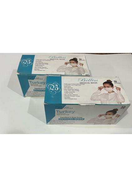 2 kutu Tek Kullanımlık 3 Katlı Medikal Maske 50+50=100 adet