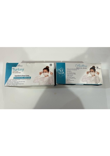 2 kutu Tek Kullanımlık 3 Katlı Medikal Maske 50+50=100 adet