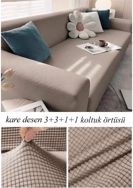 Streç Lastikli Esnek Yikanabilir Kare Desen Berjer Kotuk Örtüsü Takımı (3+3+1+1) Koltuk Kılıfı