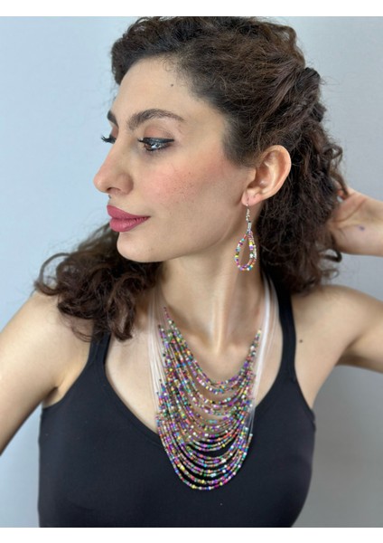 Boncuklu Çoklu Tasarım Kadın Kolye Küpe Set 28 cm