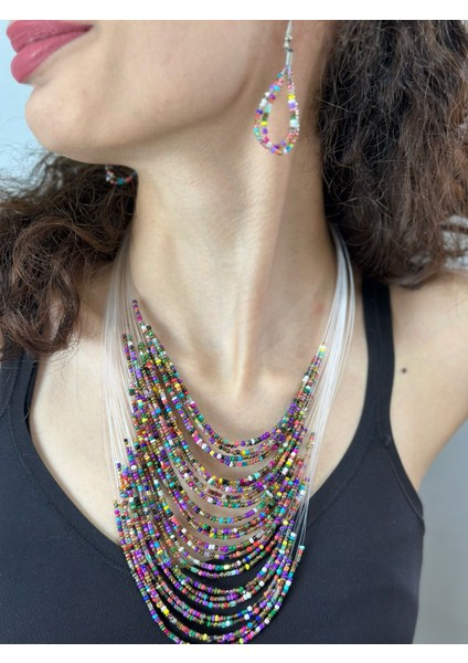 Boncuklu Çoklu Tasarım Kadın Kolye Küpe Set 28 cm fiyatları