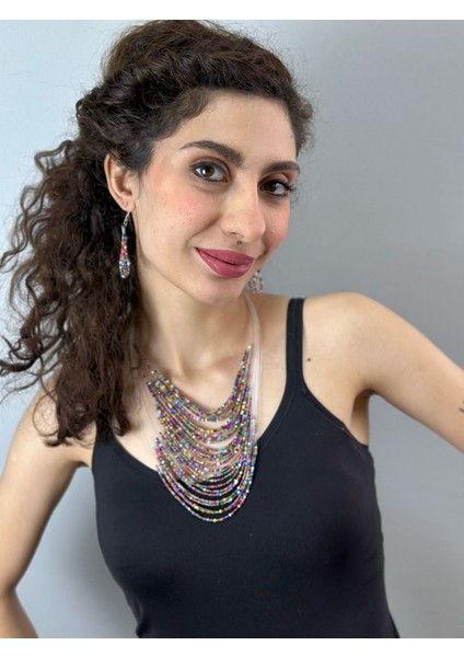 Boncuklu Çoklu Tasarım Kadın Kolye Küpe Set 28 cm modelleri