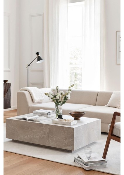 Kare Traverten Mermer Desenli Modern Orta Sehpa, Krem