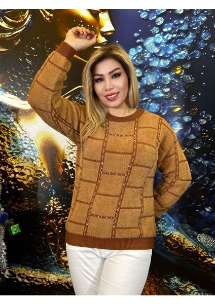 Yün Bluz Taşli Işlemeli Likrali Yeşilmoda Kahverengi ve Siyah