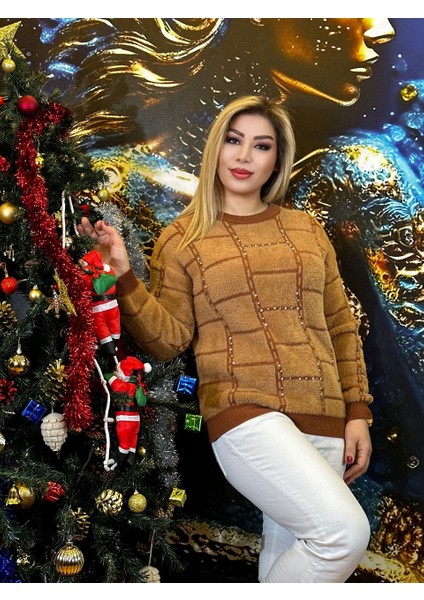 Yün Bluz Taşli Işlemeli Likrali Yeşilmoda Kahverengi ve Siyah
